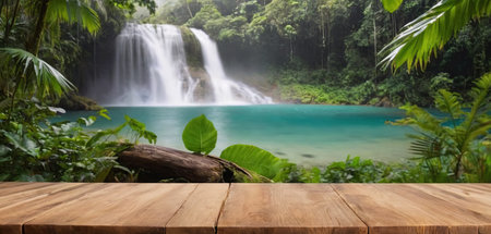 Wooden table top on blurred background of waterfall in tropical forest.の素材
