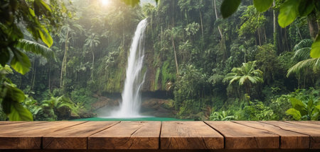 Wooden deck table top with waterfall in jungle forest background, product displayの素材