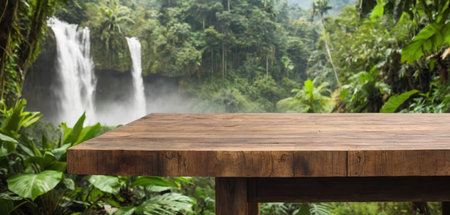 Empty wooden table and blurred background of waterfall. For product display montageの素材