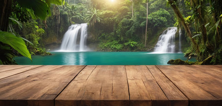 Wooden table top on waterfall background. Can be used for display or montage your productsの素材