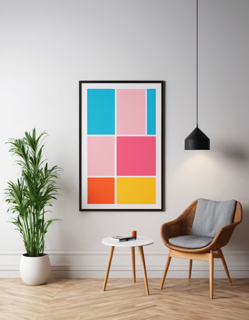 Living room interior with empty picture frame, armchair and plant. Mock up, 3D Renderingの素材