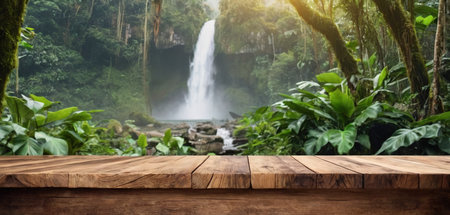 Wooden table top on blur tropical waterfall background, can be used for display or montage your productsの素材