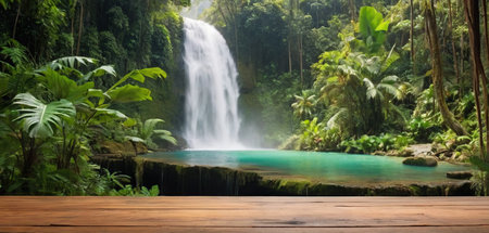 Tropical waterfall in rainforest with wooden floor for background.の素材