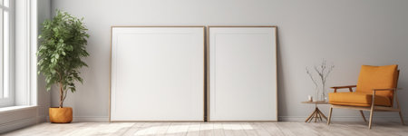 Modern bright interiors apartment with mockup poster frame 3D rendering illustrationの素材