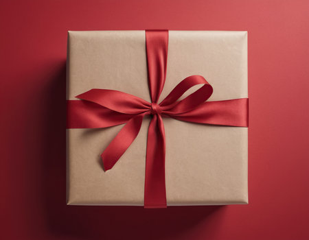 Gift box with red ribbon bow on red background, top viewの素材
