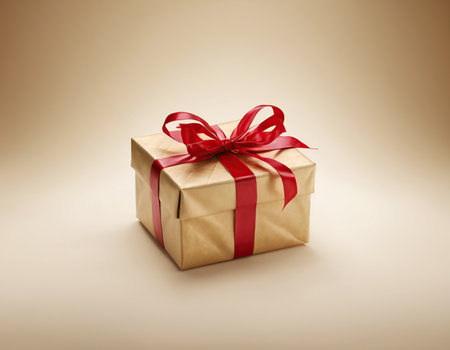 Gift box with red ribbon on beige background. 3D illustration.の素材