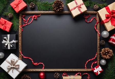 Christmas background with decorations and gift boxes on blackboard. Top view with copy spaceの素材