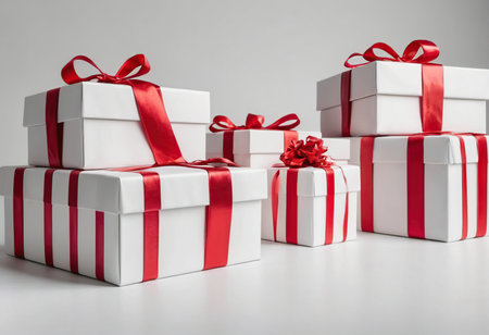 White gift boxes with red ribbons isolated on white background. 3D rendering.の素材