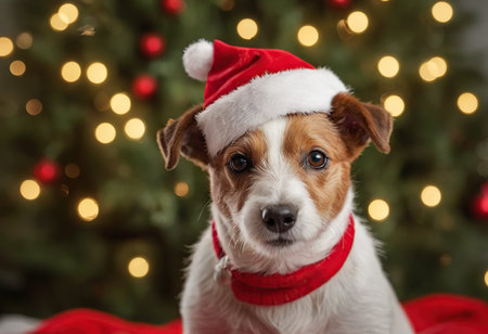 Cute dog in Santa hat on Christmas tree background, closeupの素材