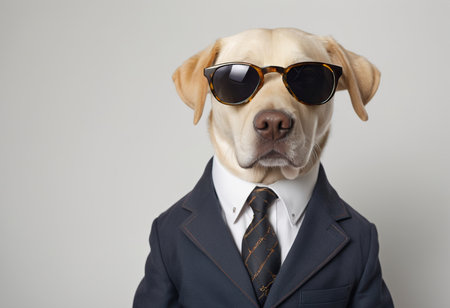Labrador retriever dog wearing a suit and sunglasses on gray backgroundの素材