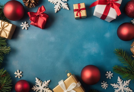 Christmas background with gift boxes and decorations on blue background. Top view with copy spaceの素材