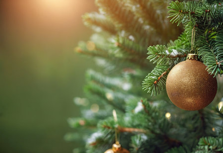 Christmas tree with golden baubles on blurred background, closeupの素材
