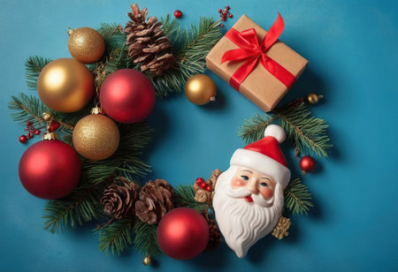 Christmas decoration with Santa Claus on blue background. Top view. Flat lay.の素材