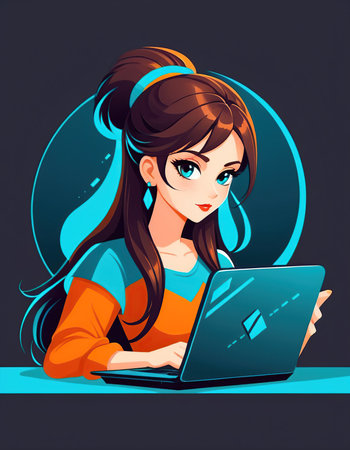 Beautiful young woman working on laptop. Vector illustration in cartoon style.の素材