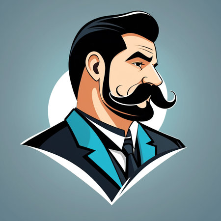 Hipster man with mustache and beard in blue suit. Vector illustration.の素材