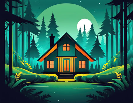 House in the forest at night. Vector illustration in cartoon style.の素材