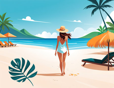 Girl on the beach in a hat and a swimsuit. Vector illustrationの素材