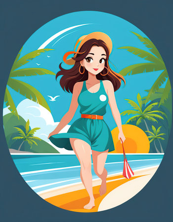Beautiful girl on the beach. Vector illustration in cartoon style.の素材