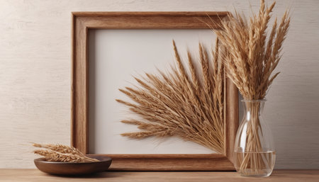 Wooden frame with ears of wheat on table. Mockup for designの素材