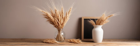 Ears of wheat in vase and photo frame on wooden tableの素材