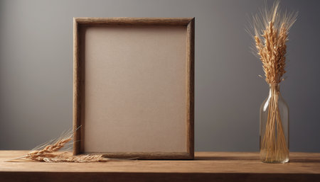 Blank photo frame with ears of wheat on wooden table. Mock upの素材