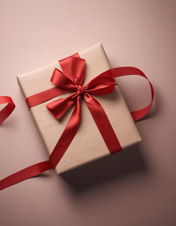 Gift box with red ribbon on pink background. Top view.の素材