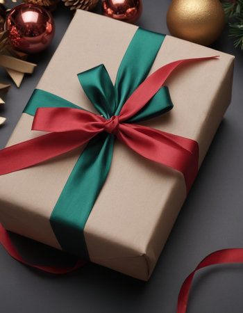 Christmas gift box with red and green ribbon bow on gray background.の素材