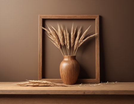 Wooden vase with ears of wheat on shelf brown wallの素材