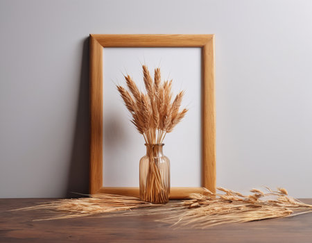 Wooden frame with dried ears of wheat on a wooden table.の素材