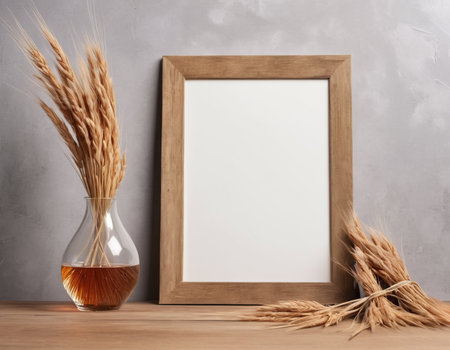 Photo frame mockup with wheat spikelets in glass vase on wooden tableの素材