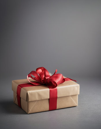Gift box with red ribbon on gray background. Copy space.の素材