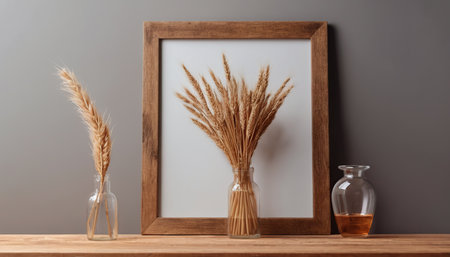 Wooden frame mockup with dried spikelets and bottle of perfume on wooden tableの素材