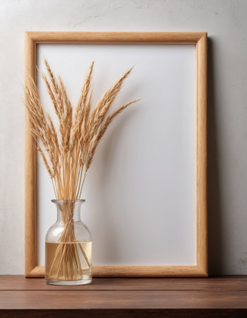 Empty frame mockup with wheat spikelets in glass vase on wooden shelf.の素材