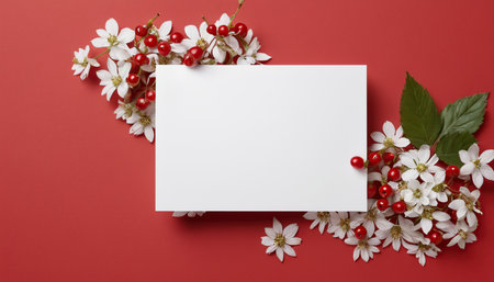 Blank white card with red berries and white flowers on red backgroundの素材