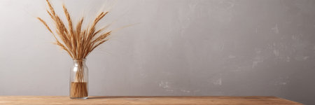 Bouquet of wheat spikelets on wooden table in front of gray wallの素材