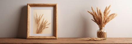 Wooden frame mockup with ears of wheat in glass vase on wooden tableの素材