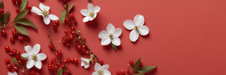 Flowers composition. White flowers, red berries on red background. Flat lay, top view, copy spaceの素材