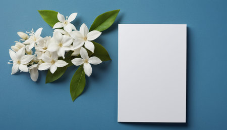 Blank white card with a branch of jasmine on blue backgroundの素材