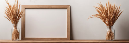 Wooden frame mockup with dried spikelets in glass vase on shelf near white wallの素材