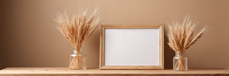 Wooden shelf with blank picture frame and ears of wheat on beige backgroundの素材