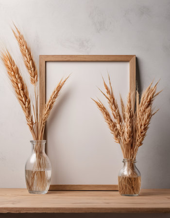 Spikelets of wheat in vases and empty frame on wooden shelfの素材