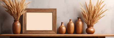 Wooden shelf with empty photo frame and vases with ears of wheat on concrete wall backgroundの素材