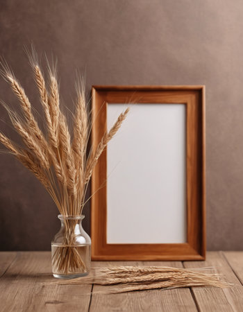 Blank photo frame and wheat ears on wooden table with copy spaceの素材
