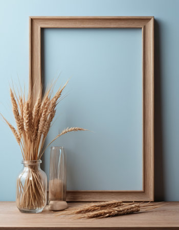 Still life with wheat spikelets and wooden frame on blue wall backgroundの素材