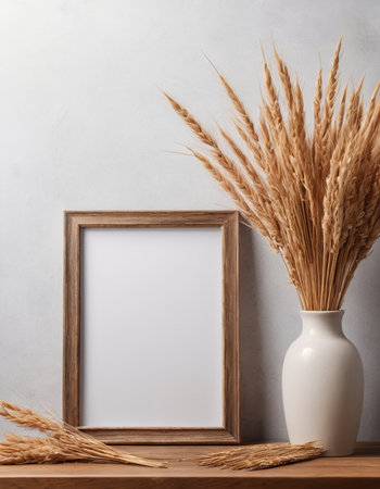 Wooden frame mockup with wheat spikelets in vase on shelfの素材