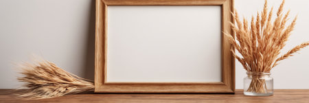 Wooden frame mockup with dry spikelets in glass vase on tableの素材