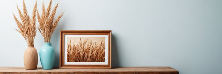 Wooden vase with dried spikelets and photo frame on wooden shelf near color wallの素材