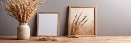 Wooden frame mockup with dried spikelets and photo frames on wooden tableの素材