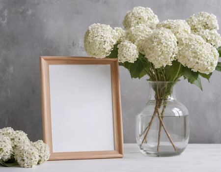White hydrangea flowers in glass vase and blank photo frame on white wooden tableの素材