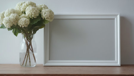 White frame mockup with hydrangea flowers in vase on wooden tableの素材